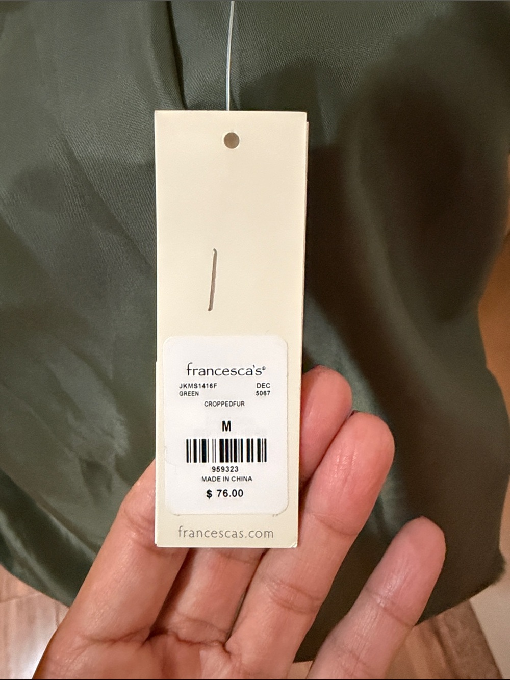 Brand New Plush Faux Fur Cropped Jacket - Olive Green by Francesca’s - Picture 5 of 5